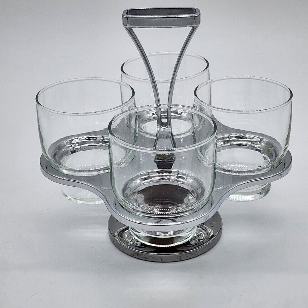 Vintage Metal and Teak Wood Condiment Caddy with Glass Bowls